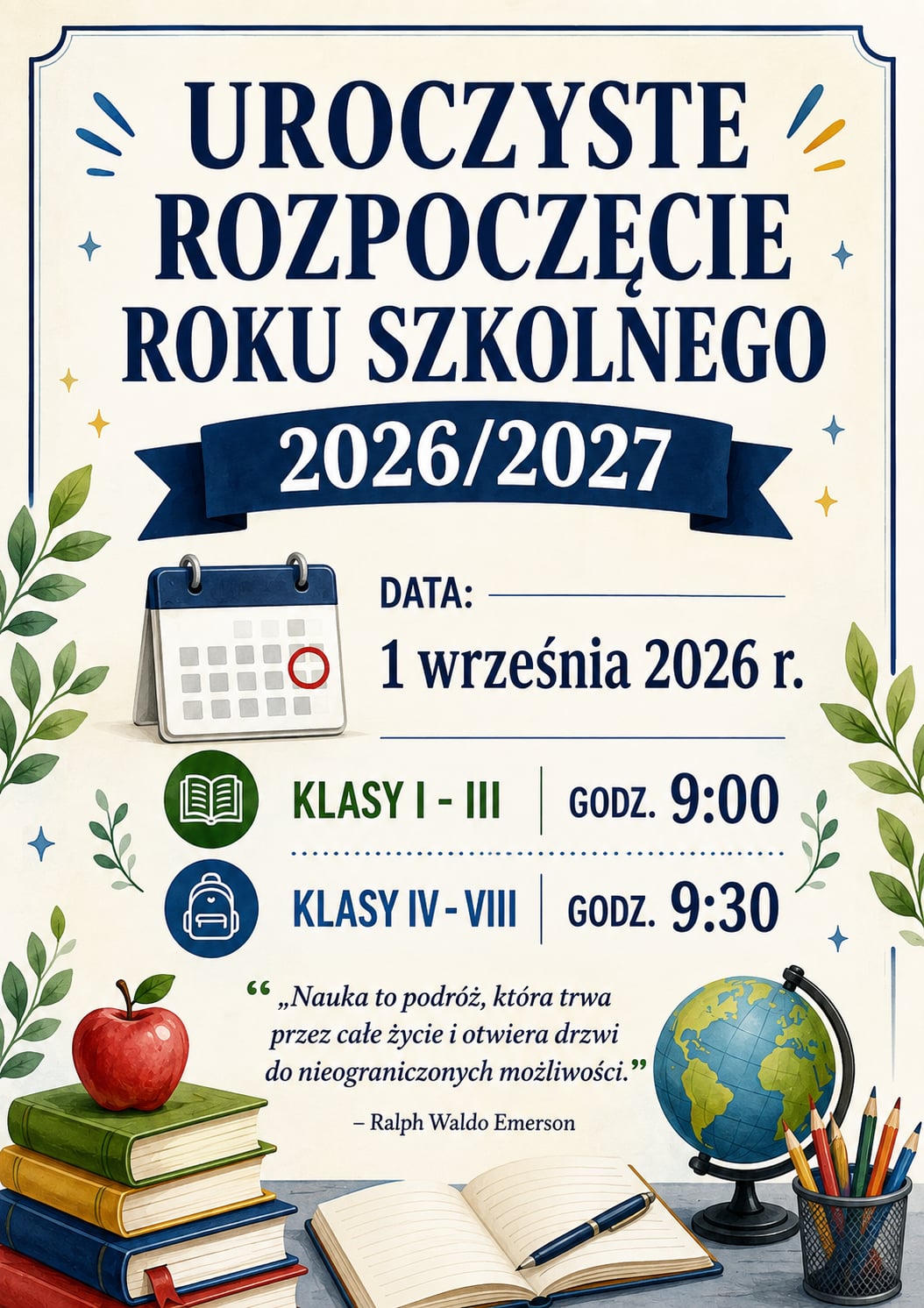 Plakat przedstawiający godziny rozpoczęcia roku szkolnego 