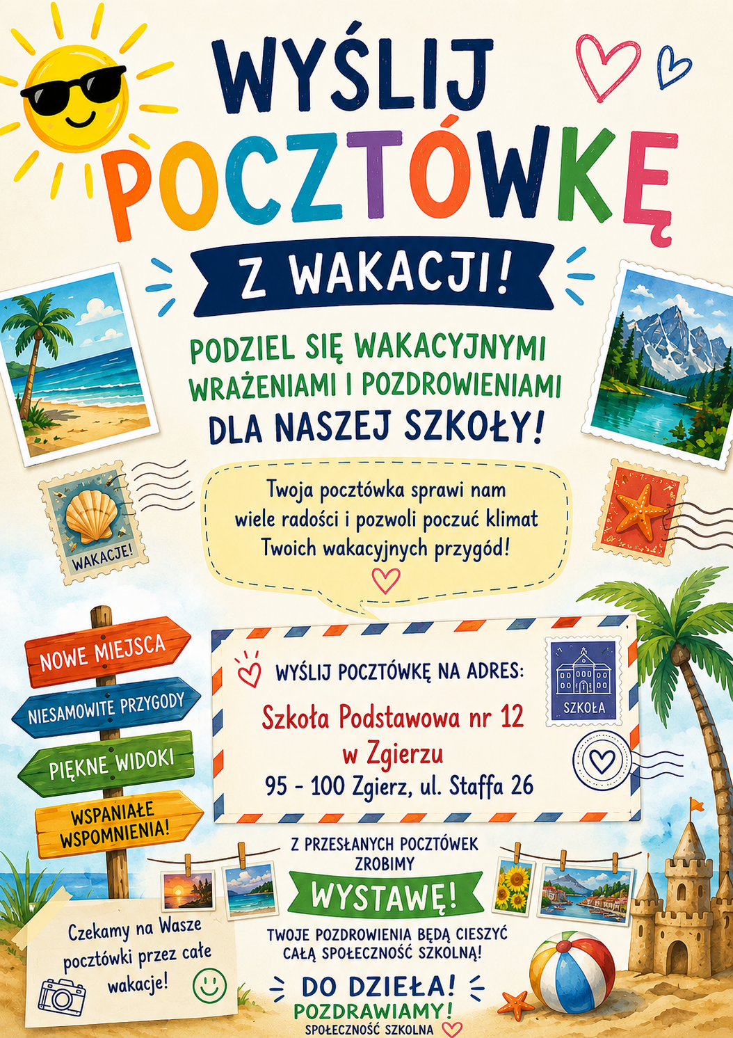 Plakat informujący o wakacyjnej akcji pocztówek