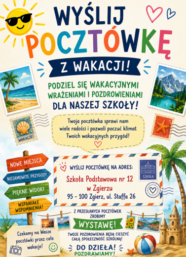 Plakat informujący o wakacyjnej akcji poczt&oacute;wek